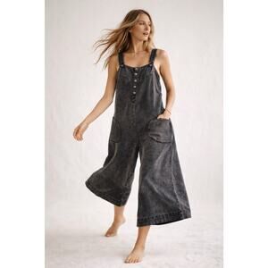 Mystree Washed Black Wide-Leg Textured Knit Cropped Overalls Jumpsuit Sz S BOHO